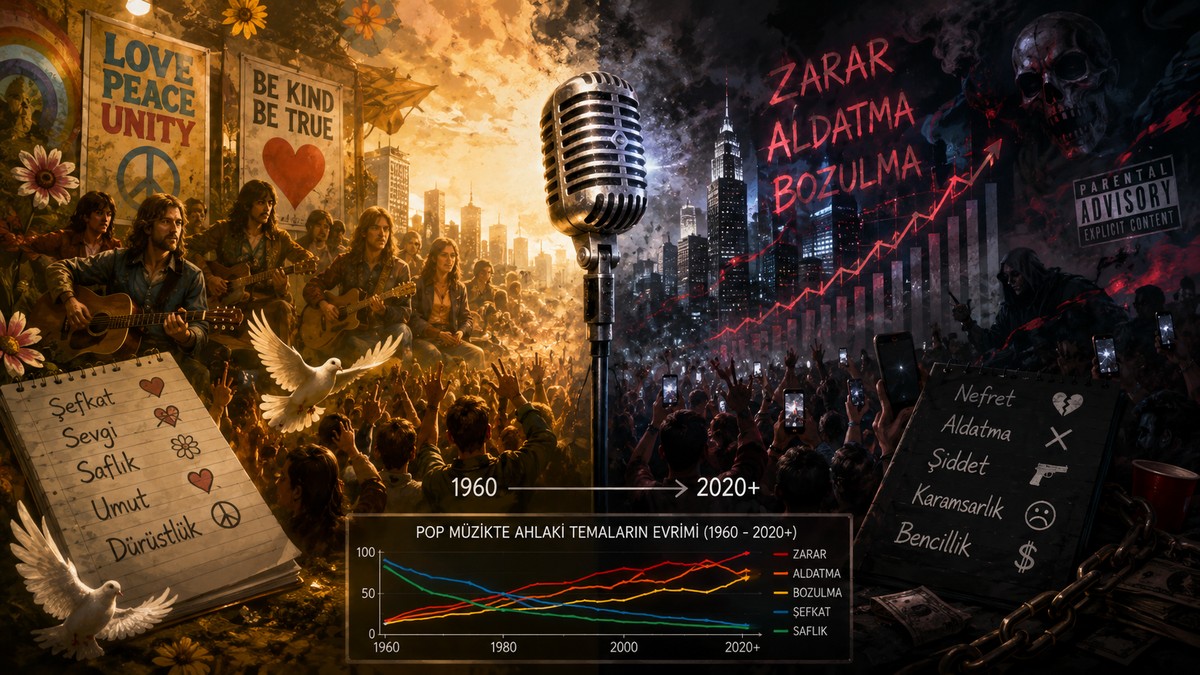 1960'lardan günümüze pop müziğin dönüşümünü simgeleyen, solda barış ve sevgi temalı bir konser sahnesi, sağda karanlık ve öfke dolu bir sahneyi gösteren illüstrasyon